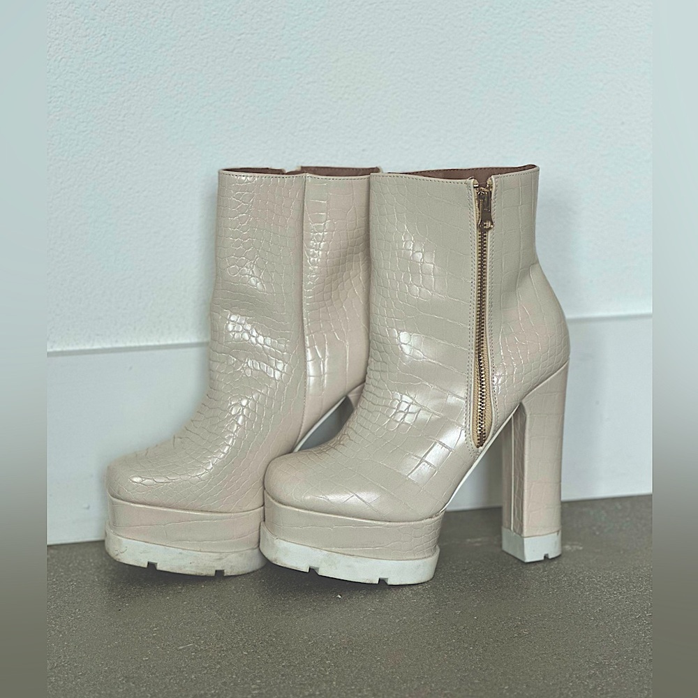 White crocodile platform booties